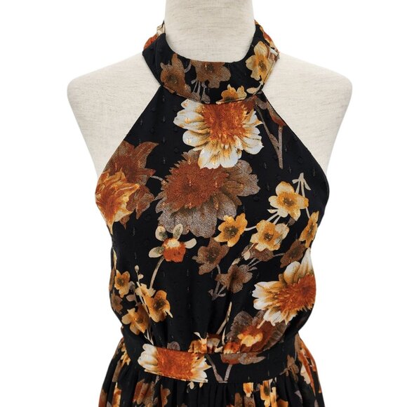 NEW Lulus Womens Small Dress Charming Vision Black Floral Swiss Dot Lurex Halter - Picture 2 of 12